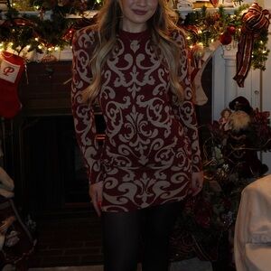 Womens Red Patterned Knit Sweater Dress